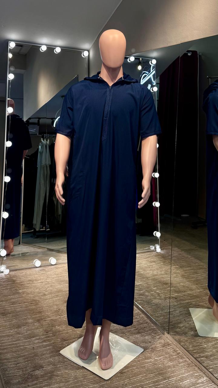 Men Navy Blue Short Sleeve kandura with cap.