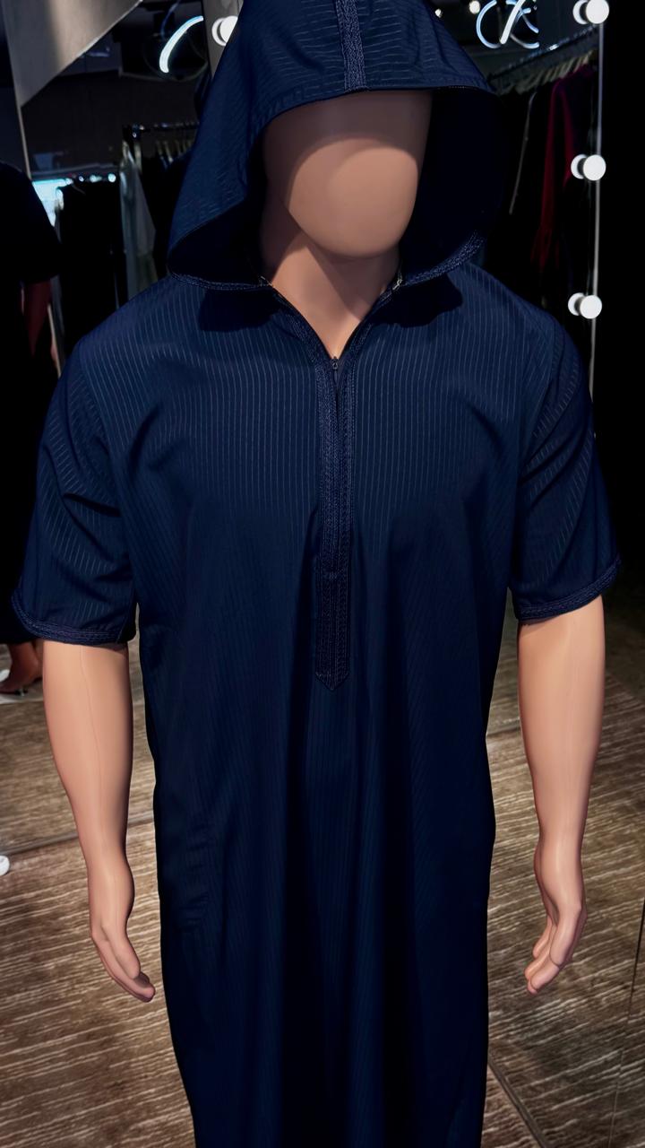 Men Navy Blue Short Sleeve kandura with cap.