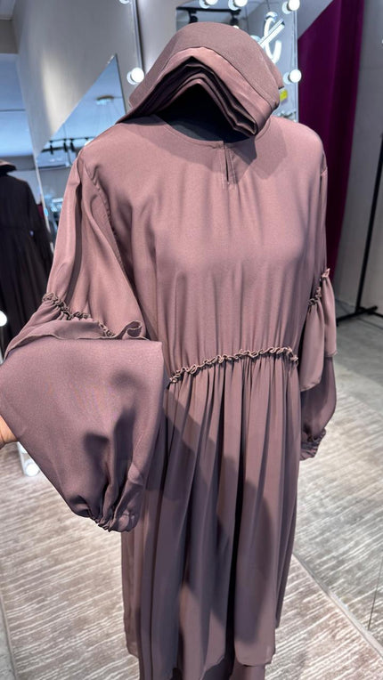 Mauve Nida and Pleated Chiffon combination Abaya Dress