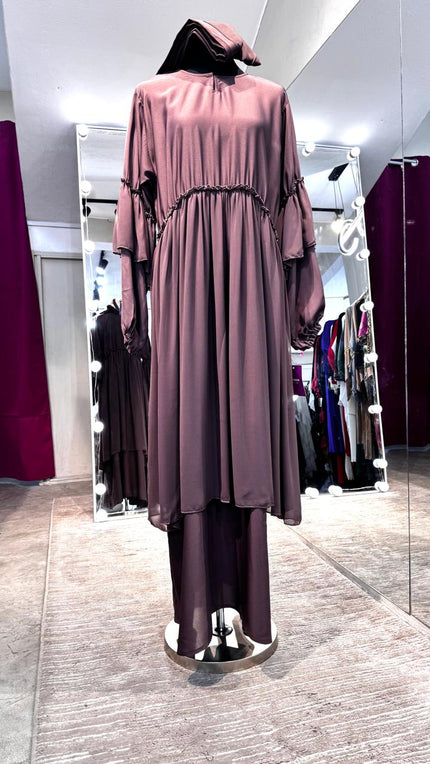 Mauve Nida and Pleated Chiffon combination Abaya Dress