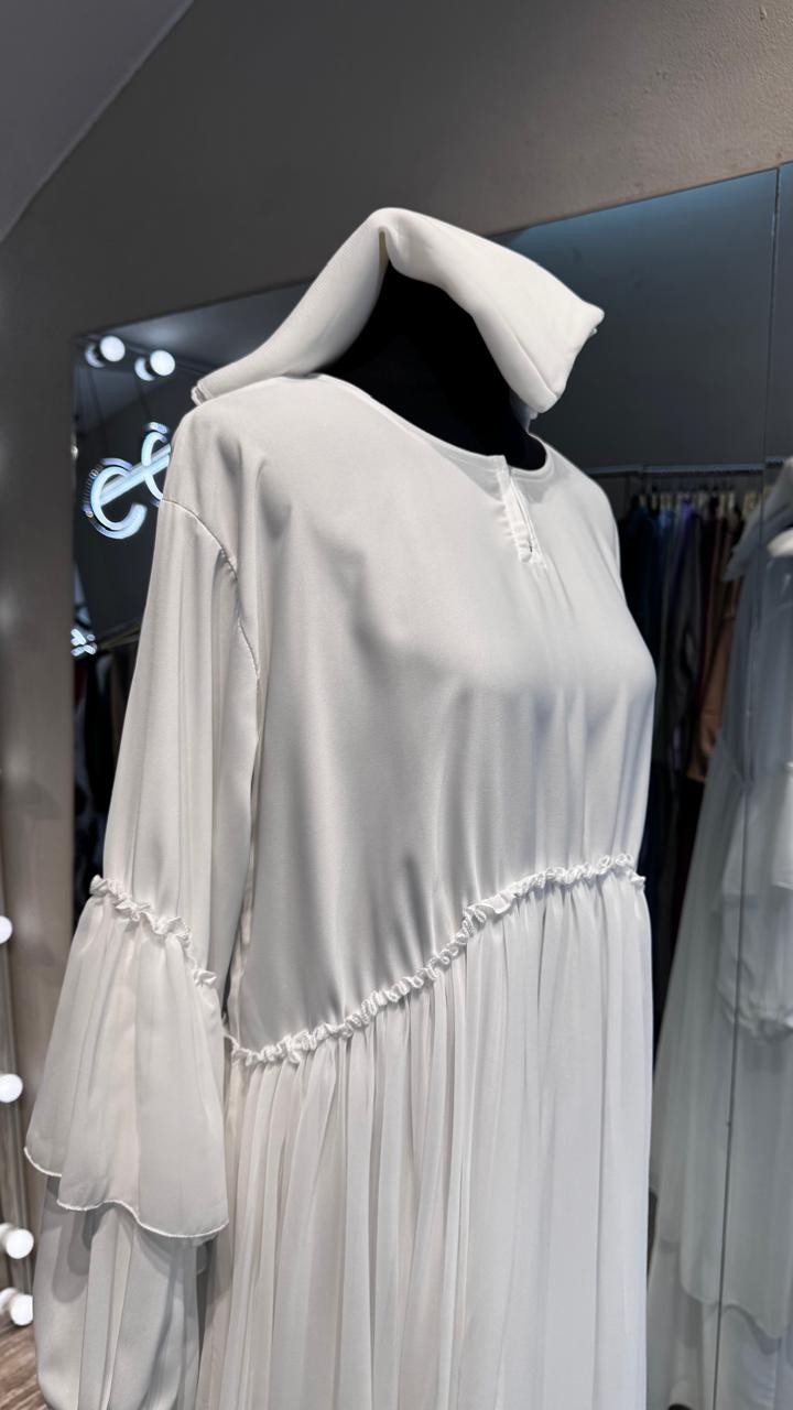 White Nida and Pleated Chiffon combination Abaya Dress