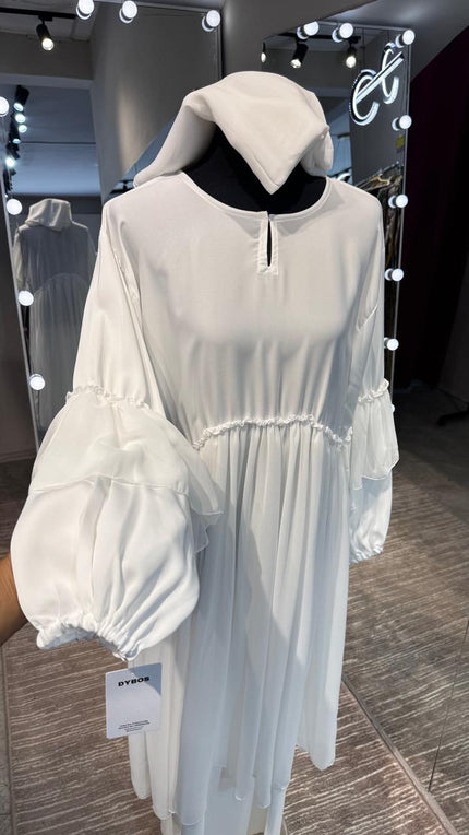 White Nida and Pleated Chiffon combination Abaya Dress