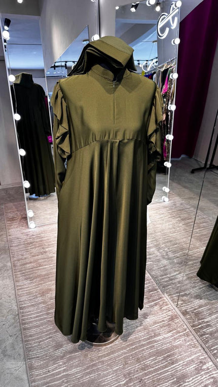 Army Green umbrella Turtle neck with chiffon Flare shoulder.