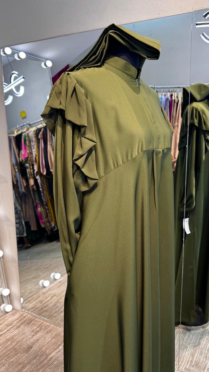 Army Green umbrella Turtle neck with chiffon Flare shoulder.