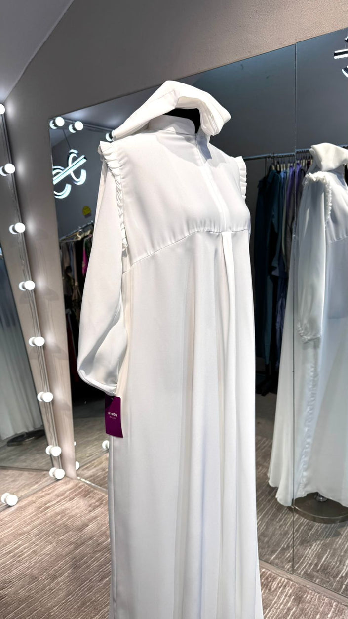 White umbrella Turtle neck with chiffon Flare shoulder.