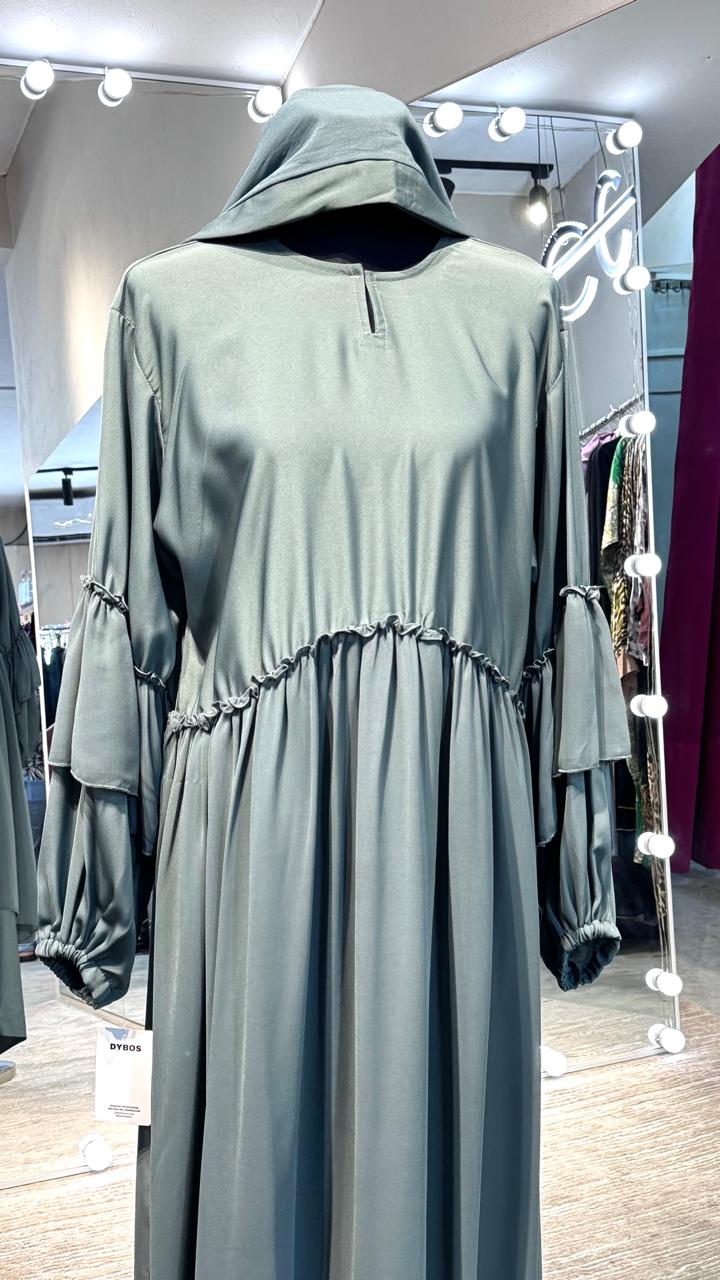 Frosty Green Nida and Pleated Chiffon combination Abaya Dress