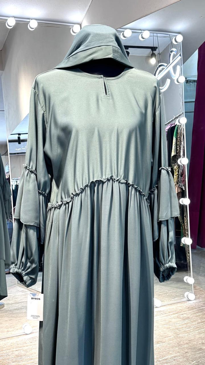 Frosty Green Nida and Pleated Chiffon combination Abaya Dress