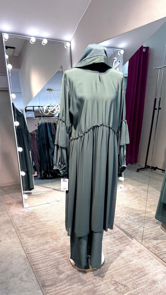 Frosty Green Nida and Pleated Chiffon combination Abaya Dress