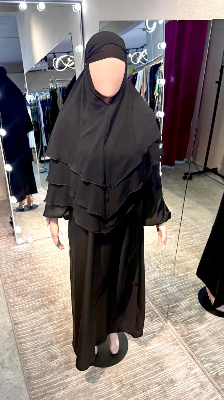 3-layer chiffon khimar Set- Black