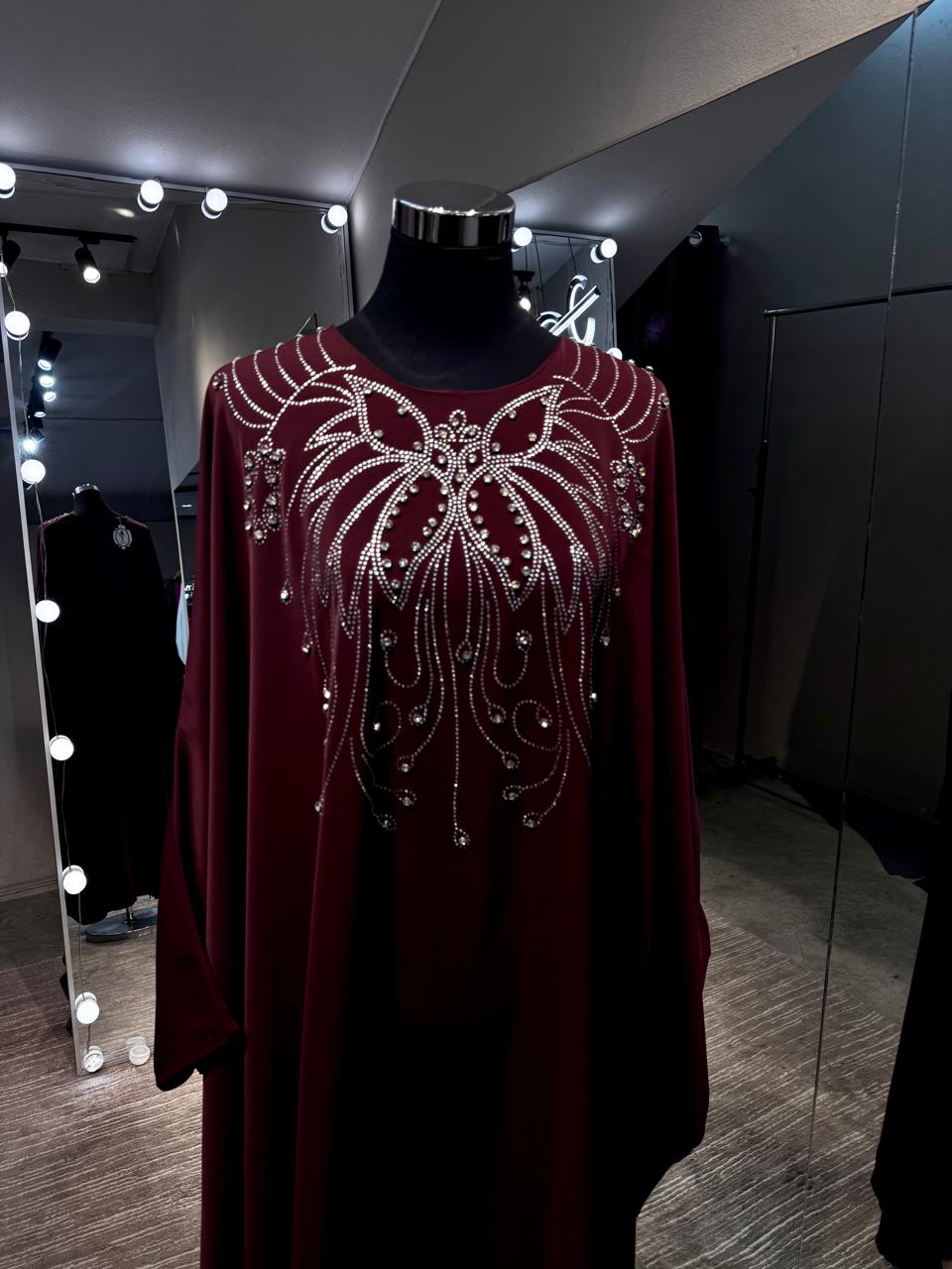 Maroon Crepe Farasha with stone.