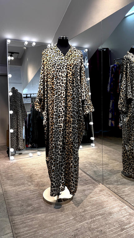 Brown Satin Leopard printing Kaftan