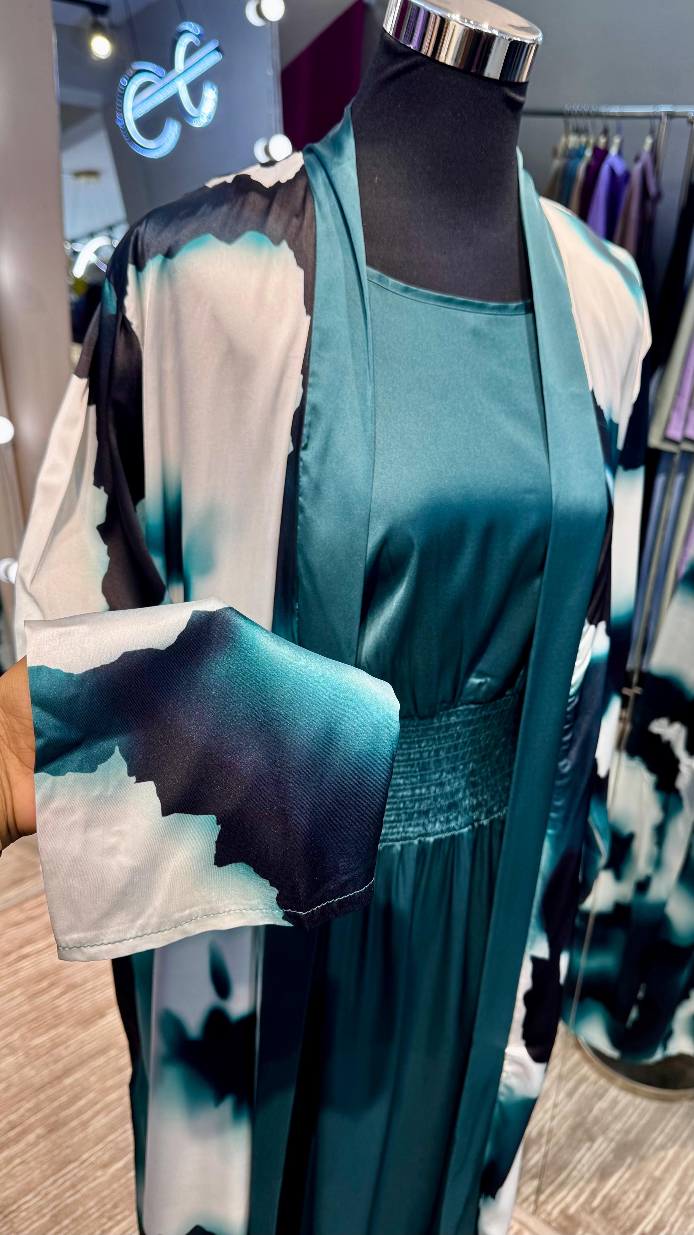 Green satin dress with Shirred design