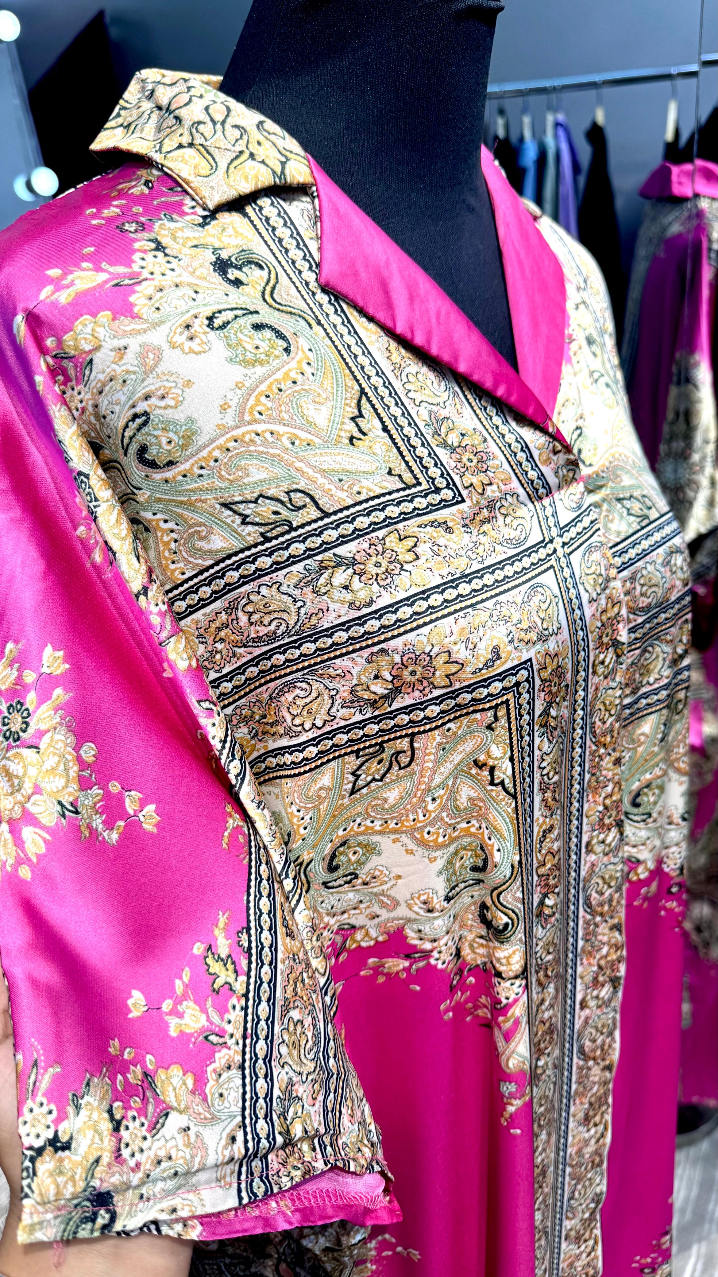 Satin Printed Kaftan Dress- Fuchsia