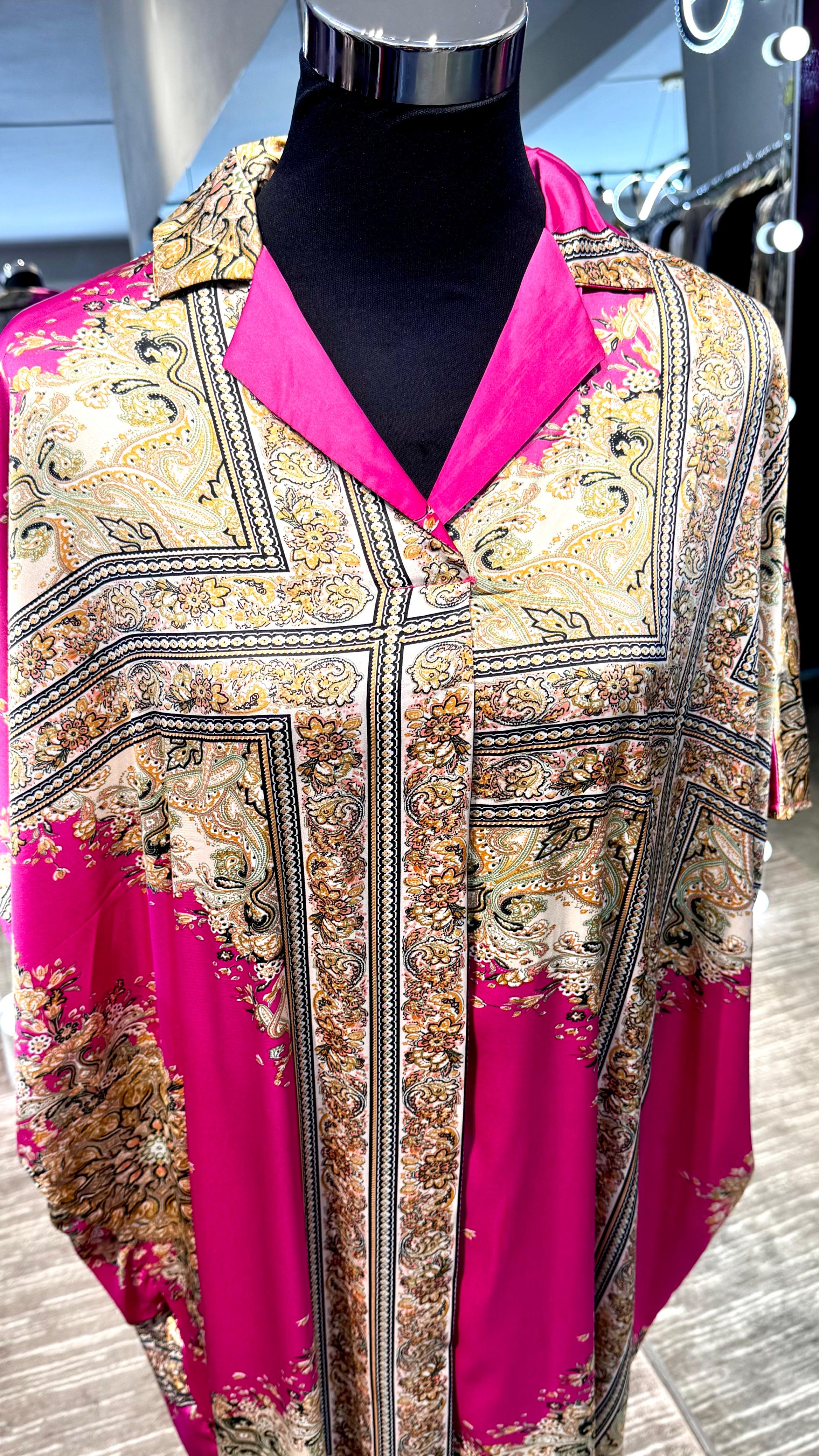 Satin Printed Kaftan Dress- Fuchsia