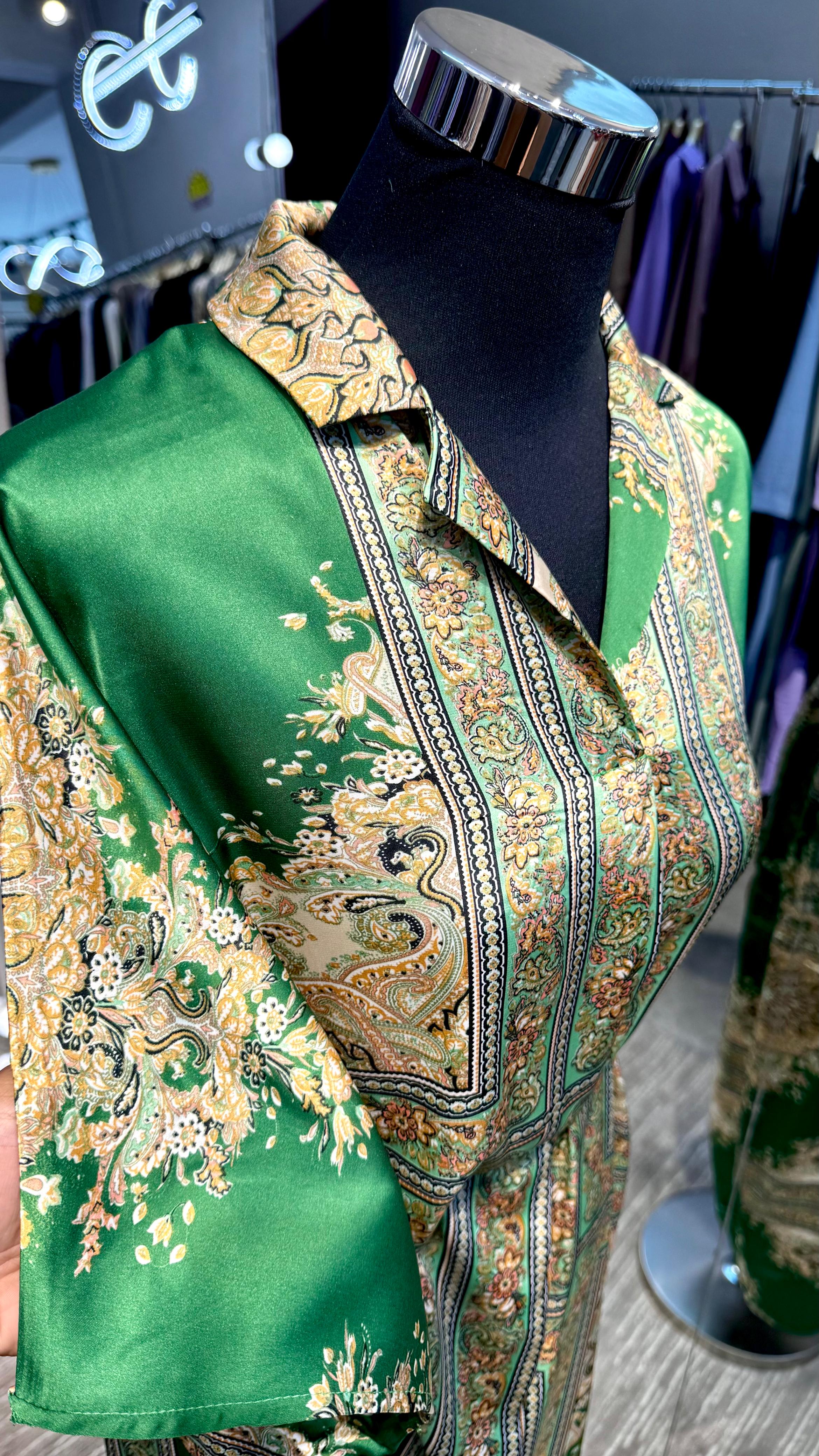 Green satin oriental printing Kaftan