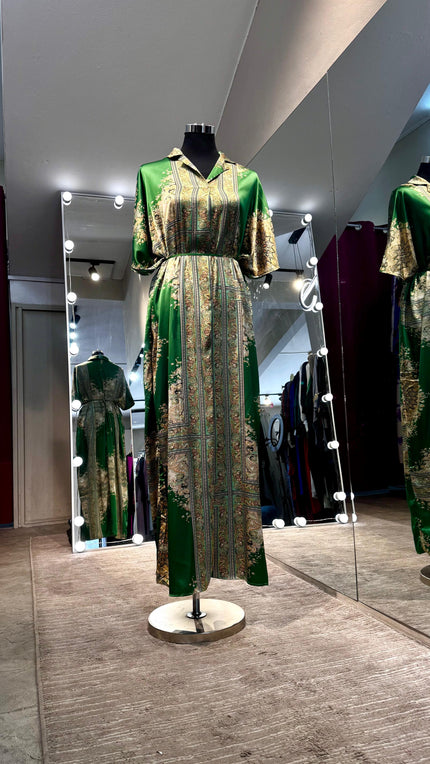 Green satin oriental printing Kaftan