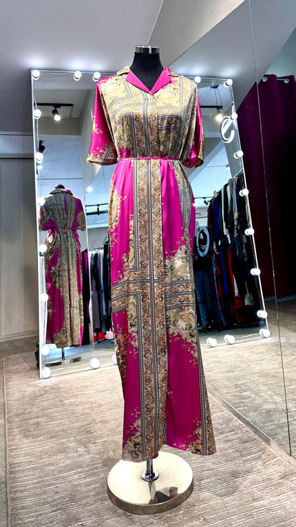 Fuchsia satin oriental printing Kaftan