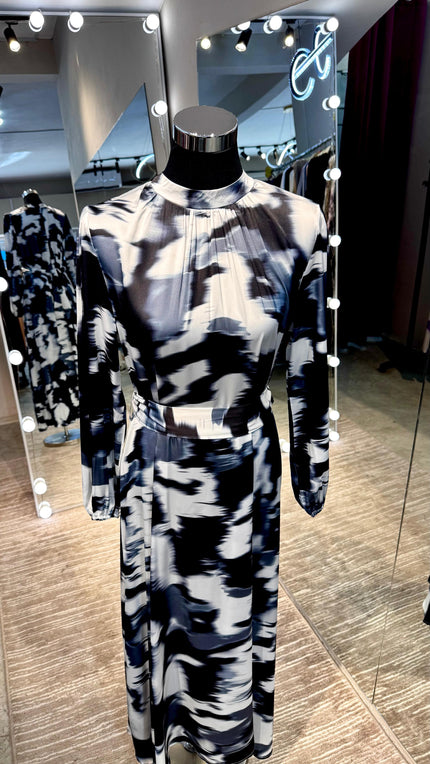 Black & White Marble waves satin Turtle neck dress