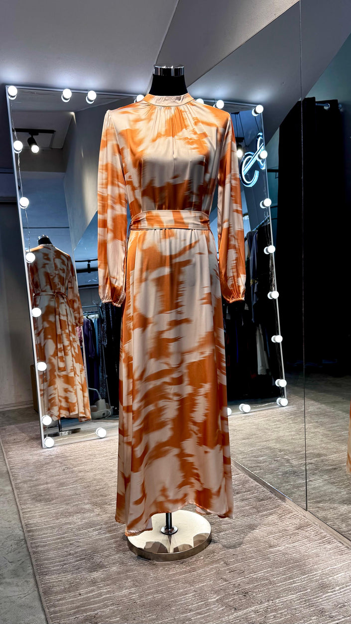 Beige Marble waves satin Turtle neck dress