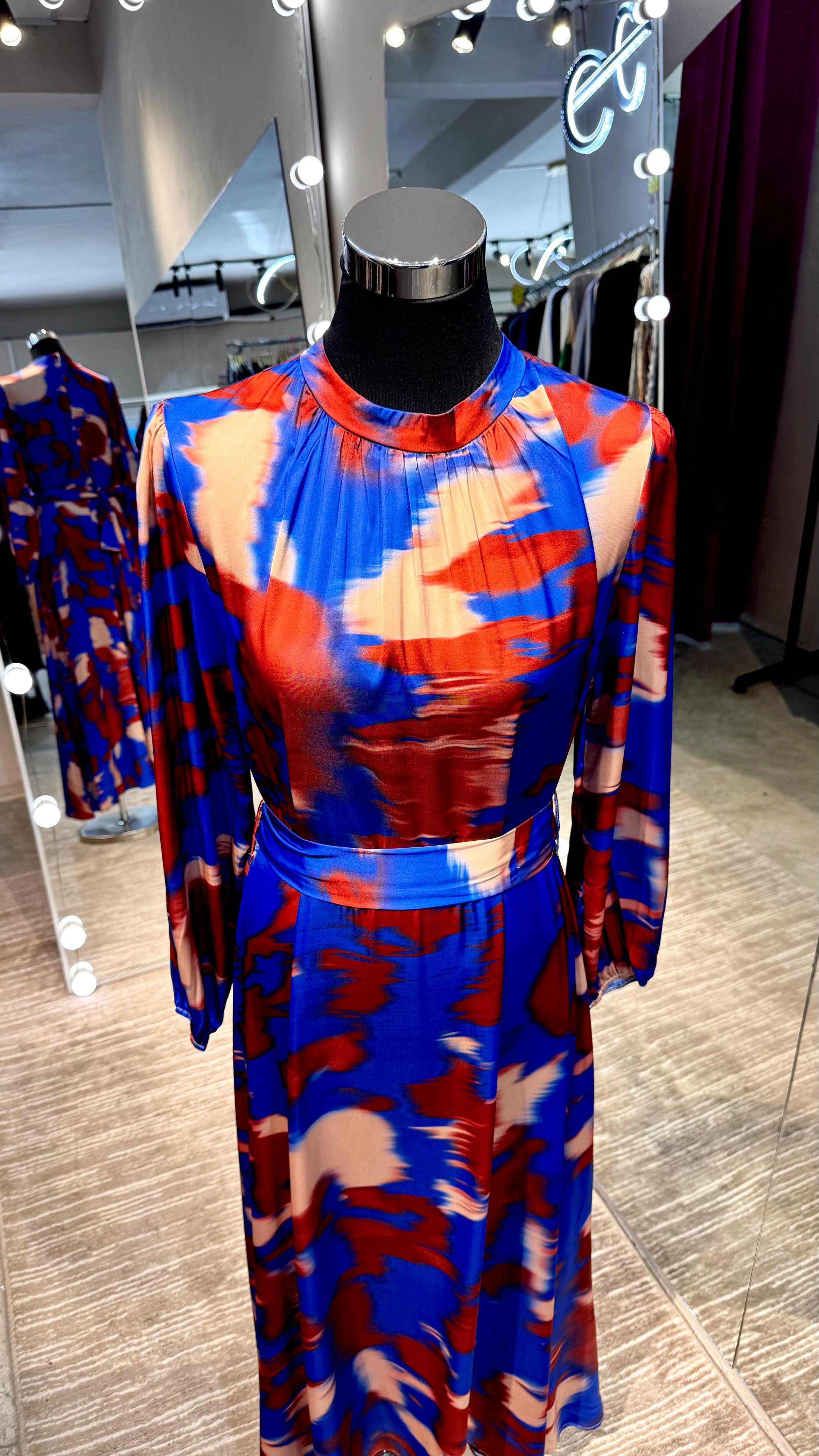 Royal blue & Rust Marble waves satin Turtle neck dress