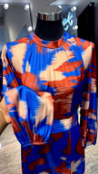 Royal blue & Rust Marble waves satin Turtle neck dress
