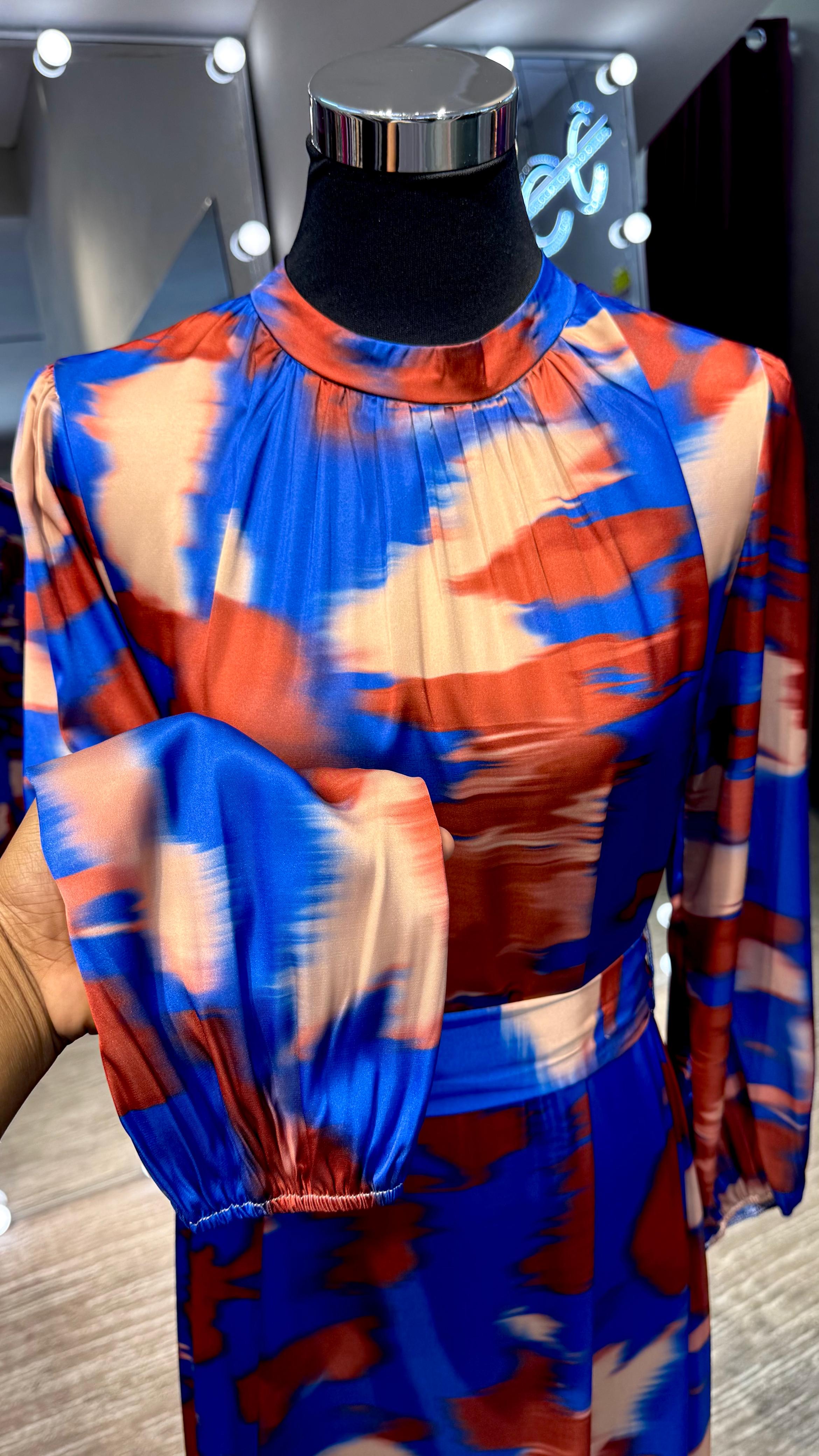 Royal blue & Rust Marble waves satin Turtle neck dress