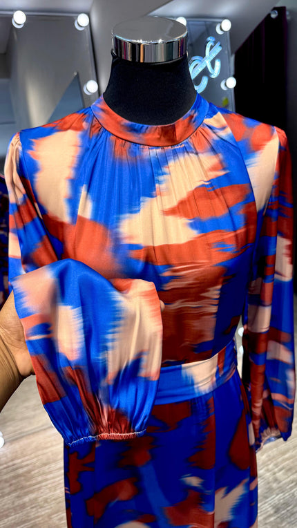 Royal blue & Rust Marble waves satin Turtle neck dress