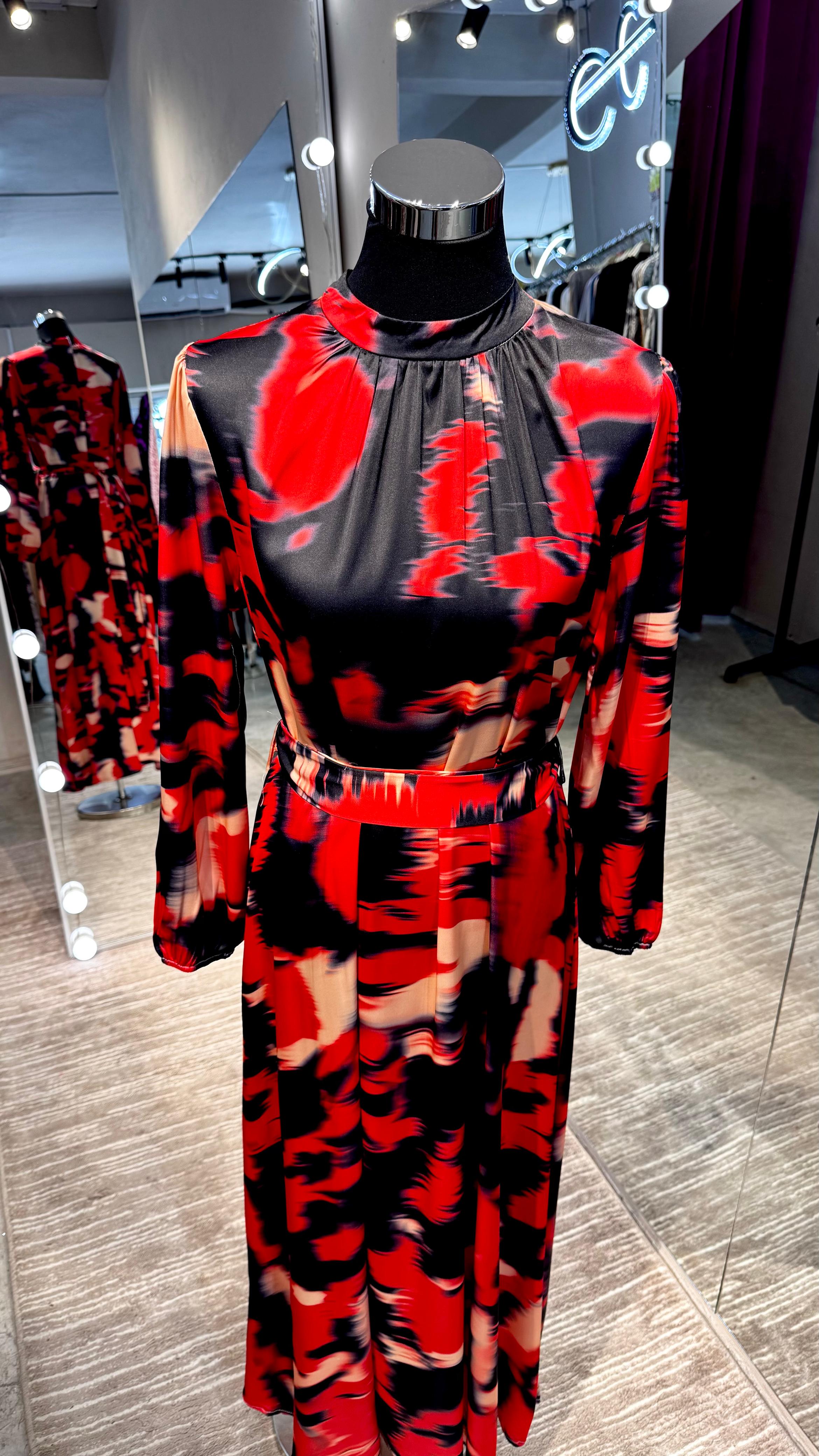 Red & Black Marble waves satin Turtle neck dress