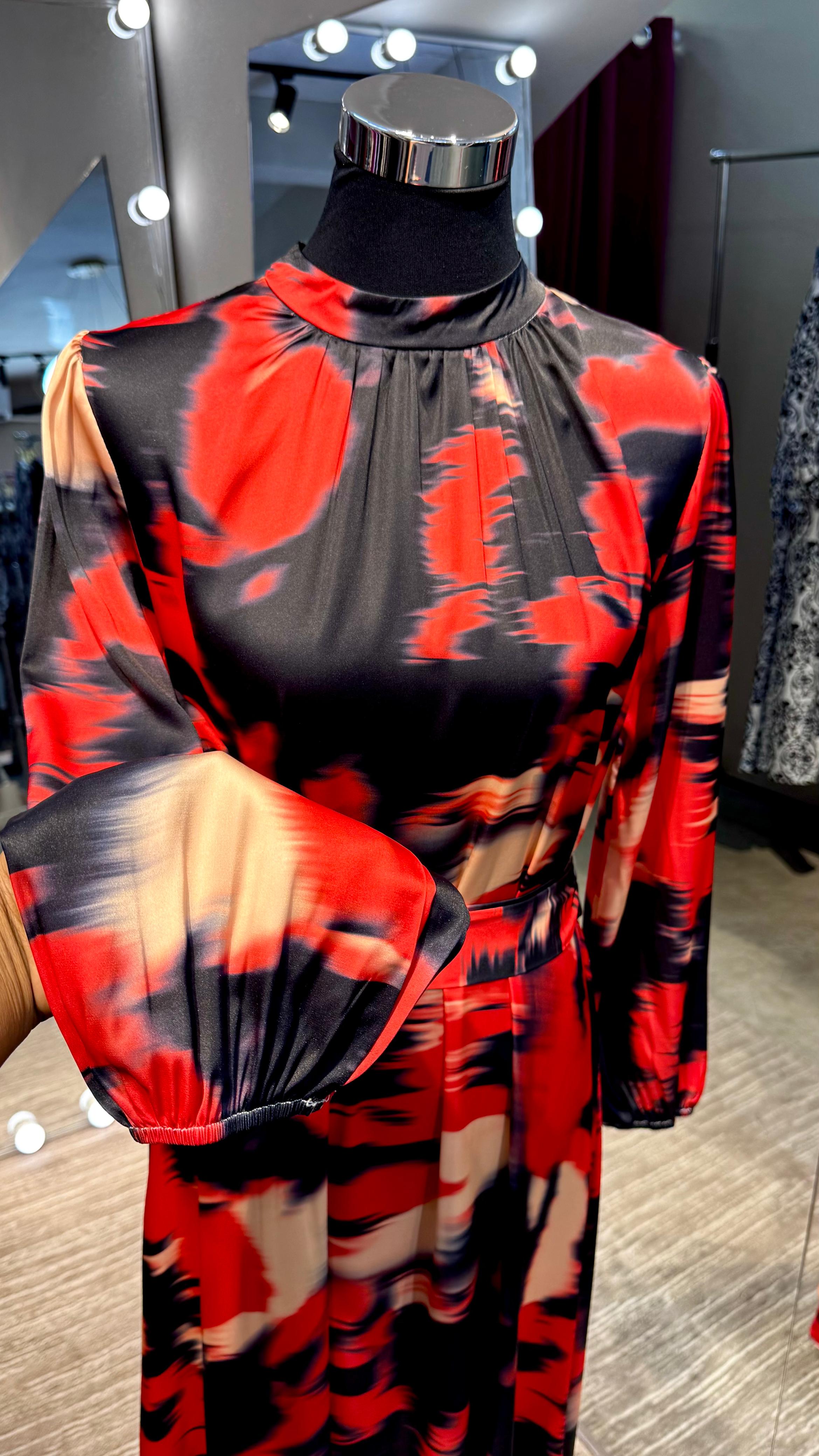 Red & Black Marble waves satin Turtle neck dress