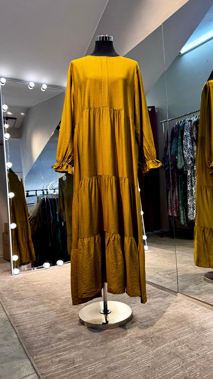 Mustard 3 layers pleated cotton dress