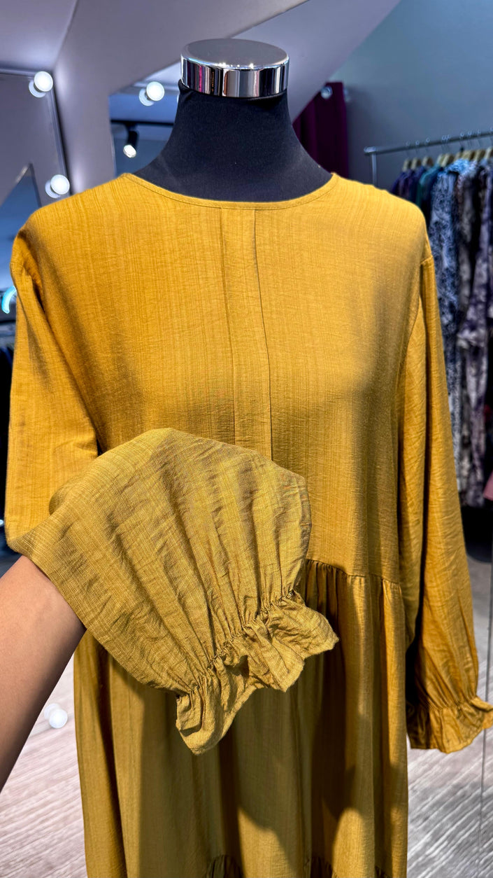 Mustard 3 layers pleated cotton dress