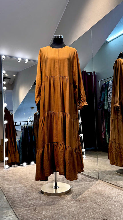 Brown 3 layers pleated cotton dress