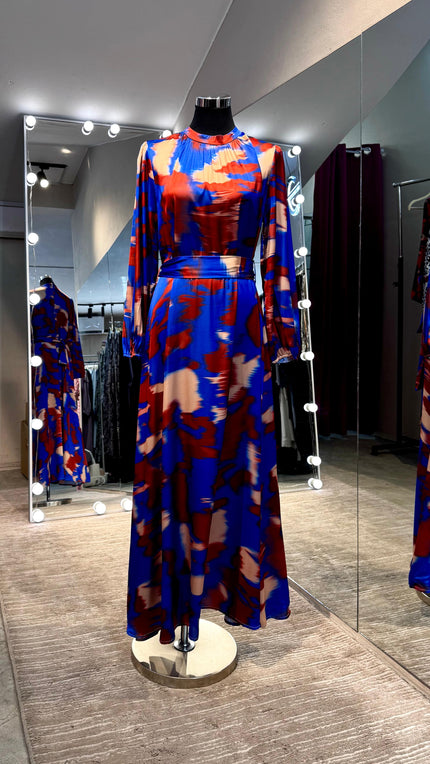 Royal blue & Rust Marble waves satin Turtle neck dress