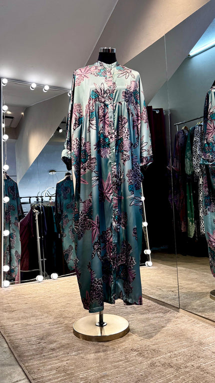 Mint Green floral pleated satin dress with turtle neck and button