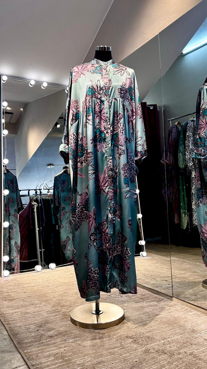 Mint Green floral pleated satin dress with turtle neck and button