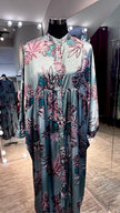 Mint Green floral pleated satin dress with turtle neck and button