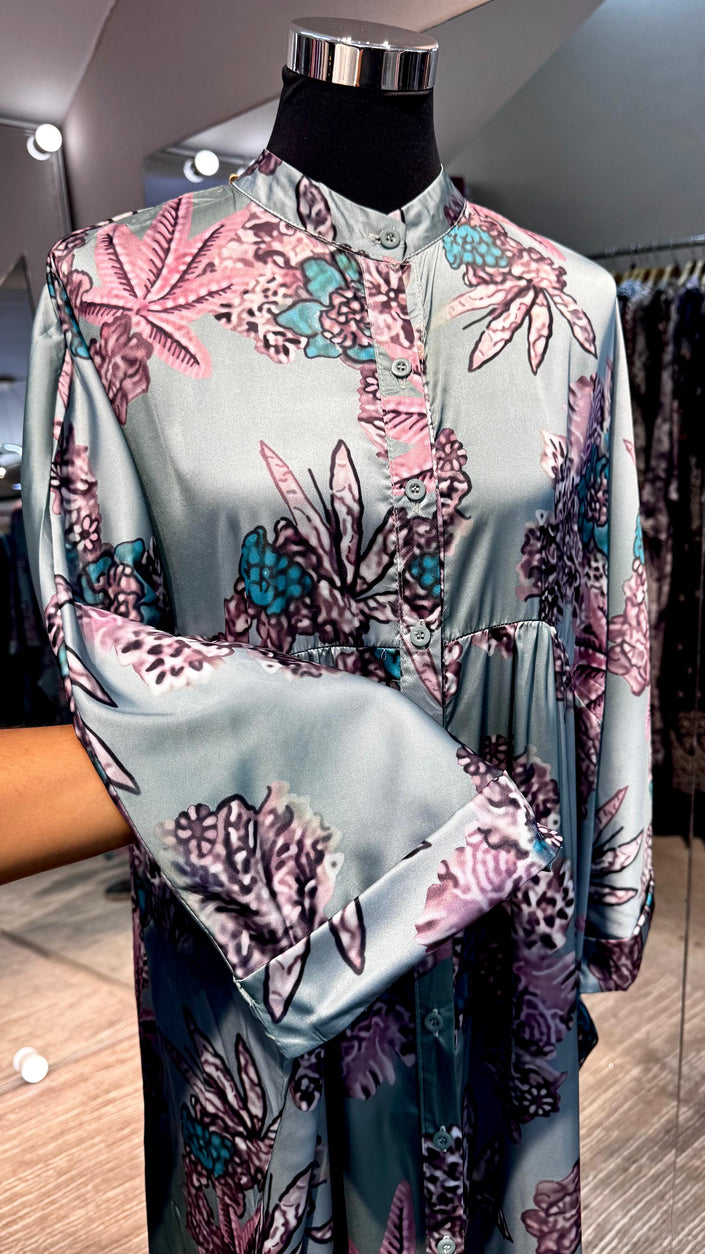 Mint Green floral pleated satin dress with turtle neck and button
