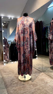 Mocha floral pleated satin dress with turtle neck and button