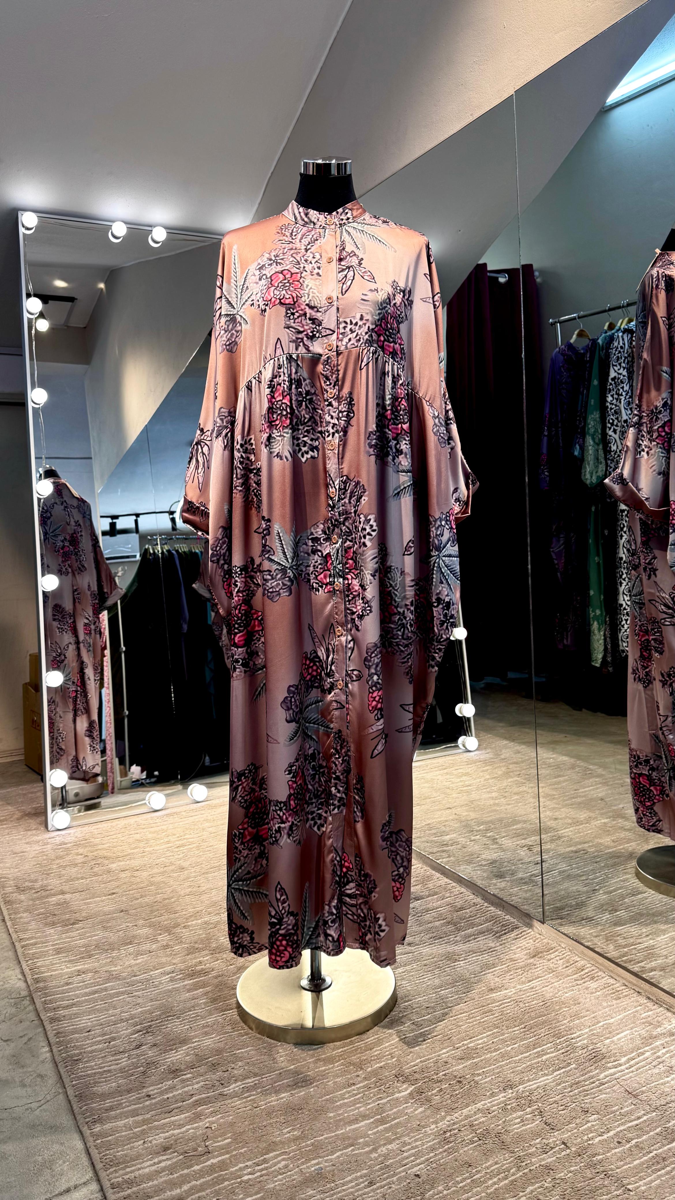 Mocha floral pleated satin dress with turtle neck and button