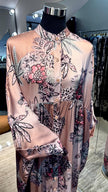 Mocha floral pleated satin dress with turtle neck and button