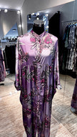Purple floral pleated satin dress with turtle neck and button