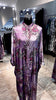 Purple floral pleated satin dress with turtle neck and button