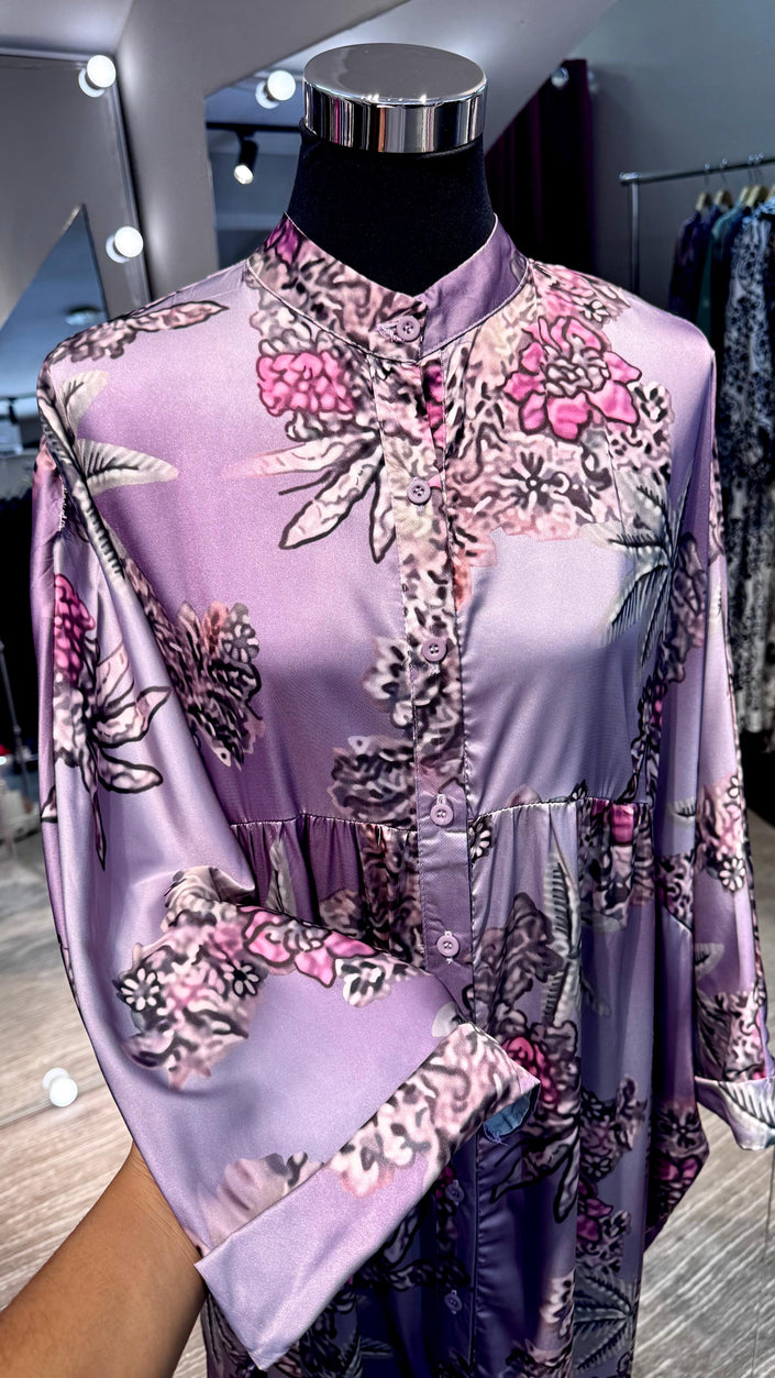 Purple floral pleated satin dress with turtle neck and button