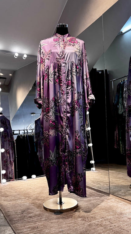 Purple floral pleated satin dress with turtle neck and button