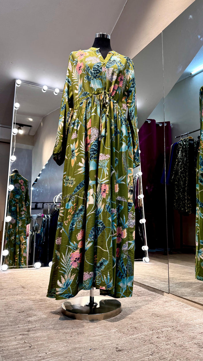 Olive green Floral Linen dress