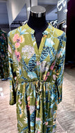Olive green Floral Linen dress