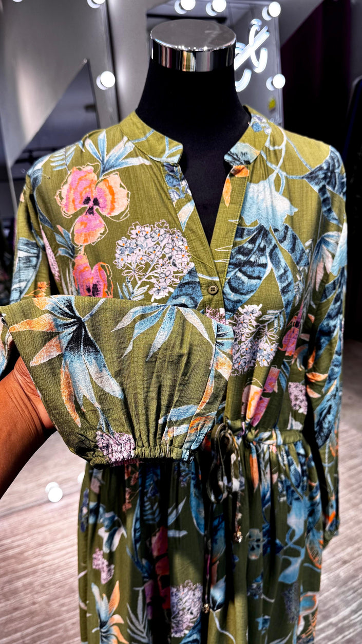 Olive green Floral Linen dress