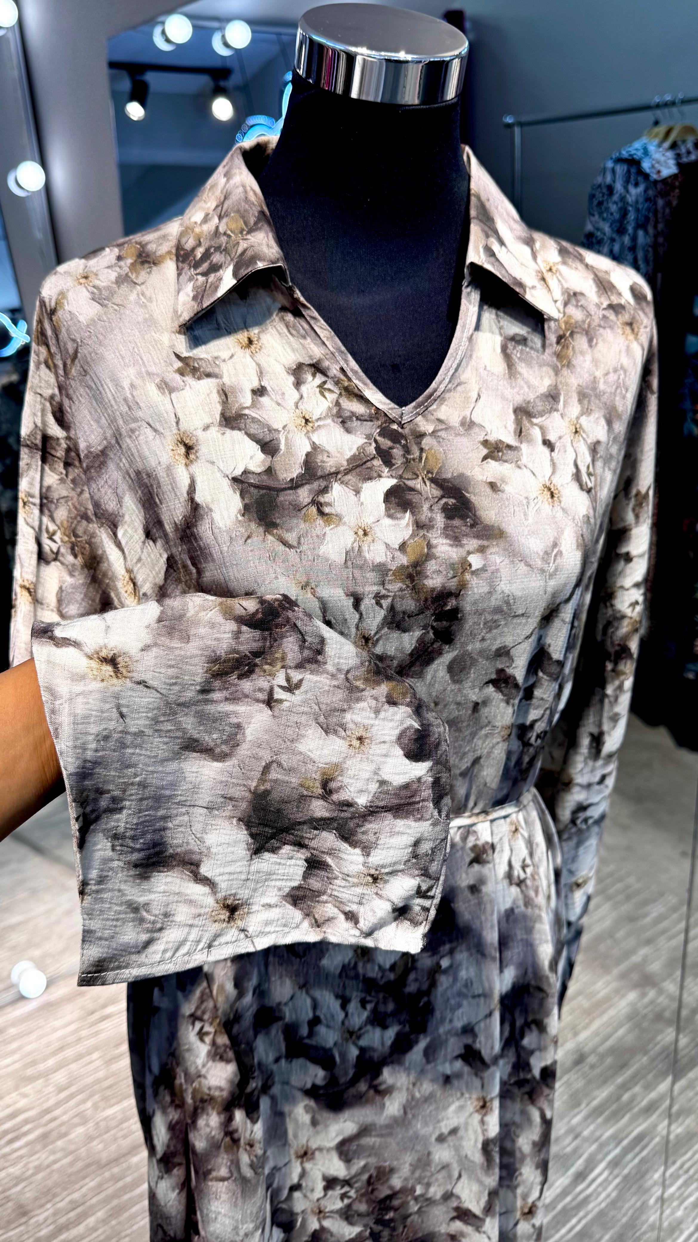 Brown Floral cotton V neck dress