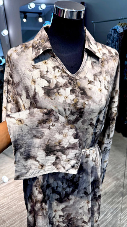 Brown Floral cotton V neck dress