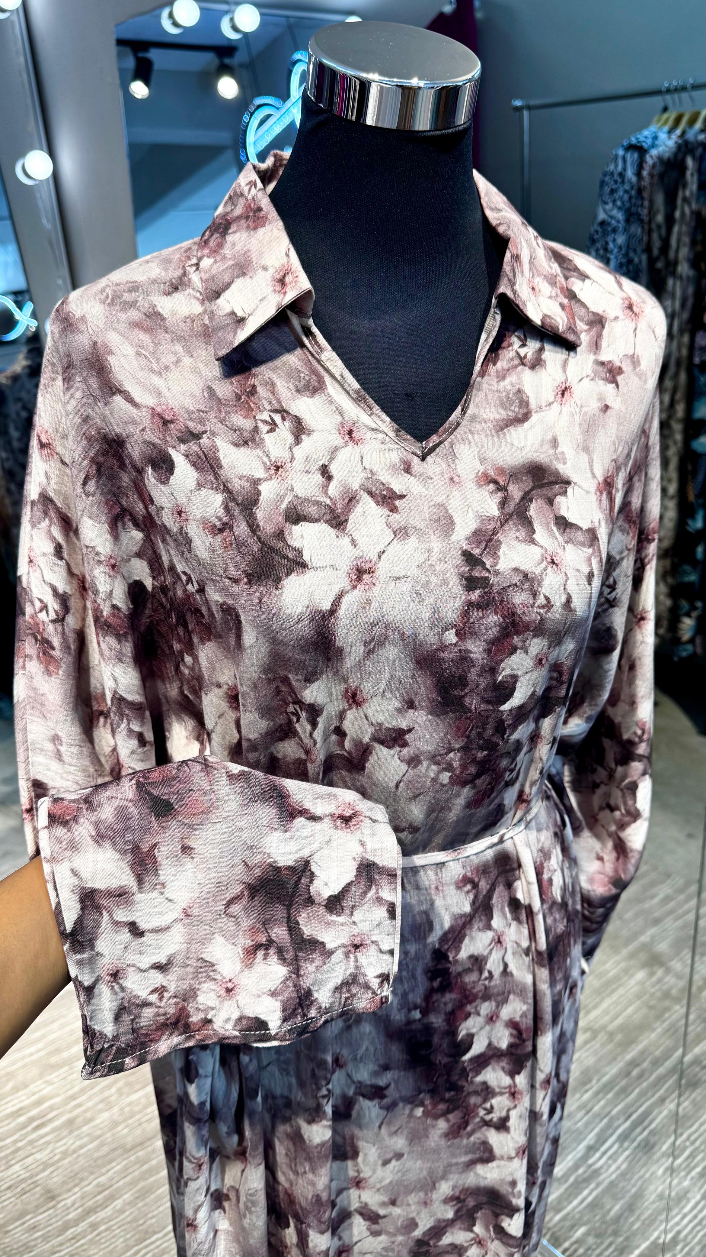 Pinkish Brown Floral cotton V neck dress
